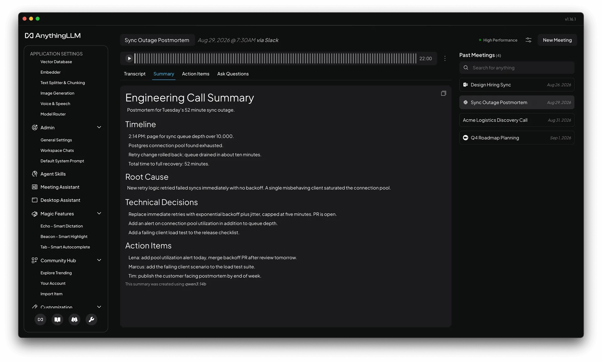 A finished meeting in AnythingLLM Desktop showing the summary and key points next to the audio timeline and the list of past meetings